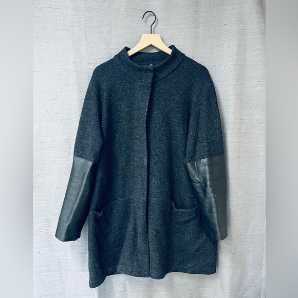 SOLD Eileen Fisher High Neck Black Leather Sleeve Dark Grey Wool Jacket Size XL - Picture 2 of 11